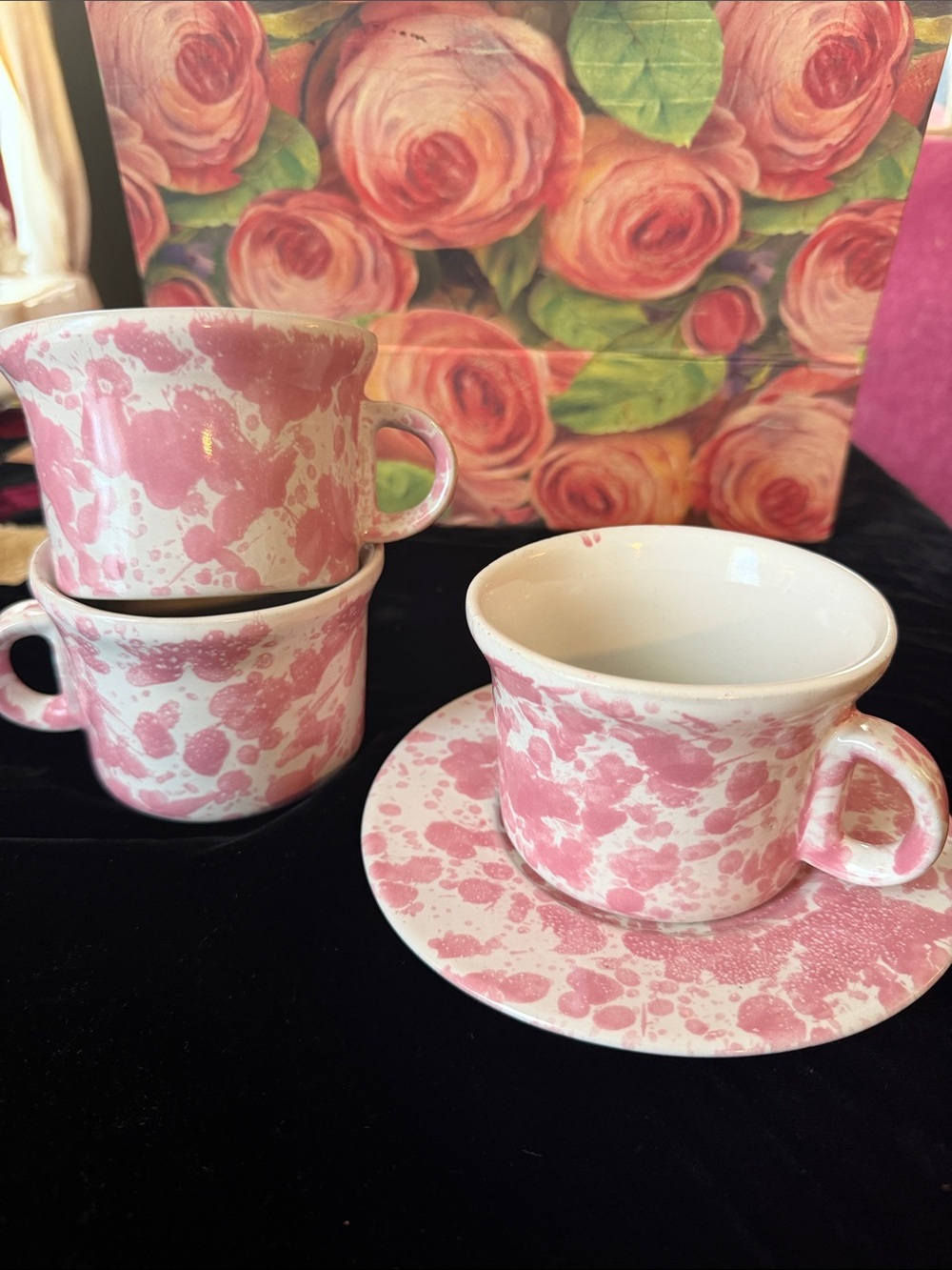 4 Agate Pink by Bennington Potters Cups with Bonus Saucer